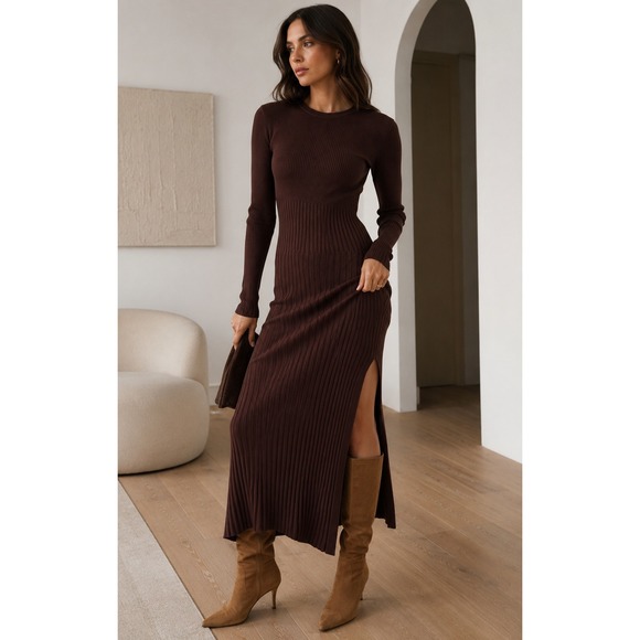 A.L.C. Dresses & Skirts - A.L.C. Emmalynn Rib Knit Merino Wool Midi Dress Brown Size Small